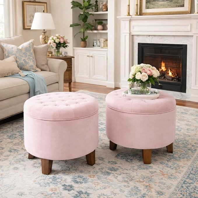 Homepop Home Decor | Upholstered Round Velvet Tufted Foot Rest Ottoman | Ottoman - Image 2