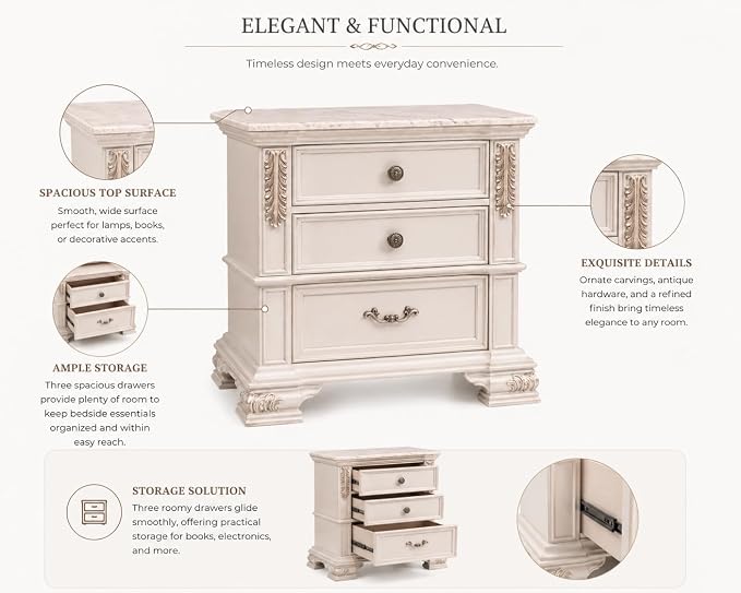 First of a Kind Traditional Wood Bedside Table Santa Monica Collection White - Image 3