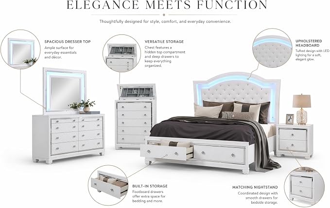 First of a Kind Shiney Contemporary 5 Piece King Bedroom Set High Gloss White - Image 3