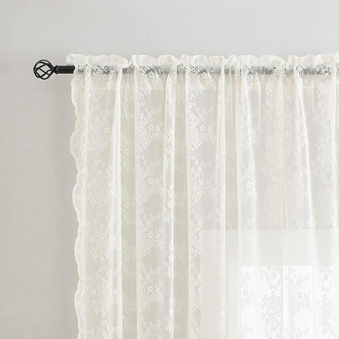 YJ YANJUN Vintage Lace Curtains 120 Inches Long-Antique Floral Ivory Privacy - Image 3