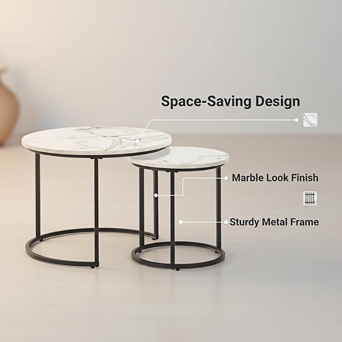 Round Nesting Coffee Table Set of 2, Modern Marble Pattern Wooden Nesting Tables - Image 6