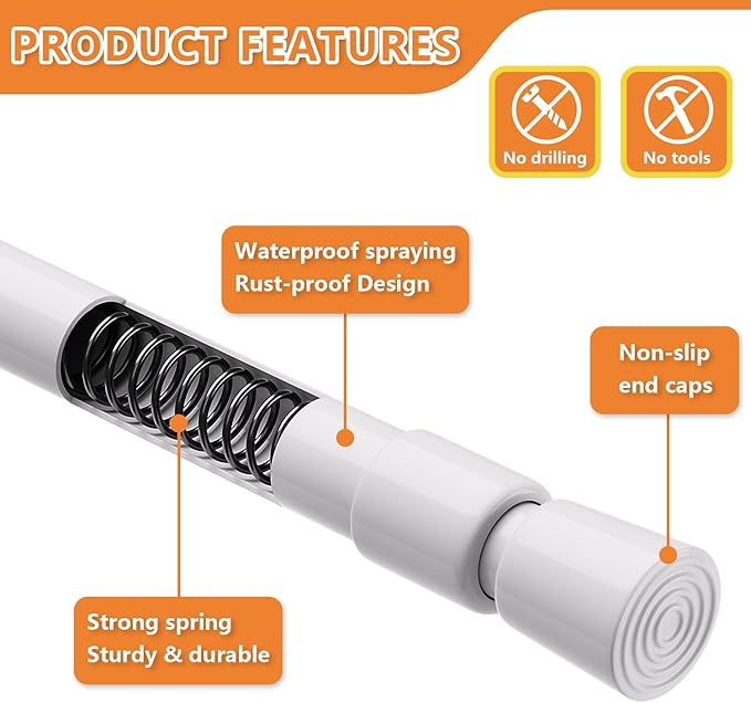 KXLife 4 Pack 5/8" Spring Tension Curtain Rod, Adjustable Tension Rods White 18 - Image 3