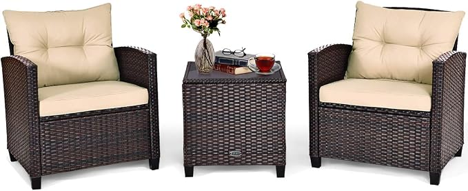 COSTWAY 3PCS Patio Furniture Set, PE Rattan Wicker Sofa w/Washable Cushion and by COSTWAY