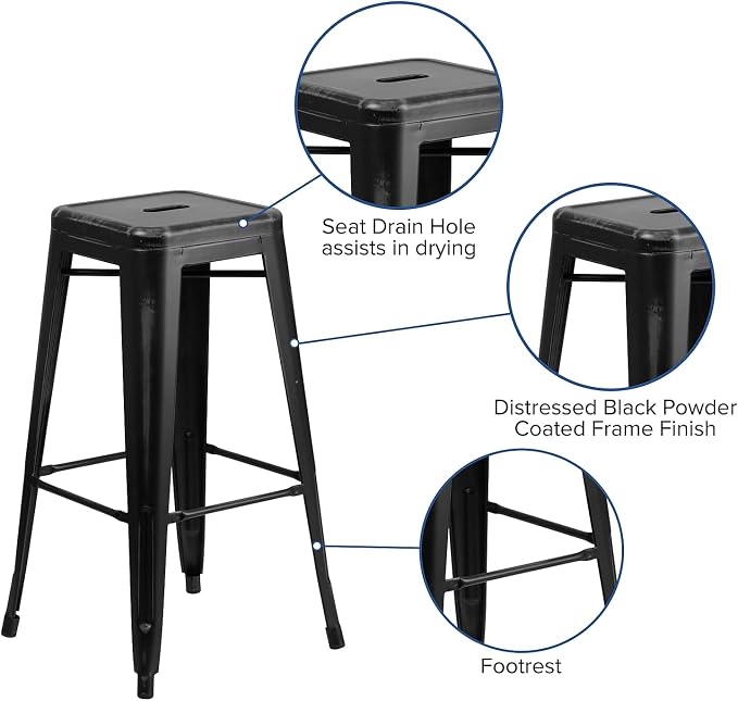 Flash Furniture Kai Commercial Grade 30" High Backless Distressed Black Metal - Image 4