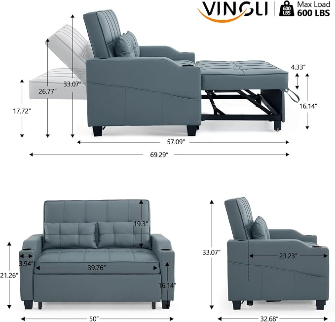 VINGLI Convertible Loveseat Sleeper Sofa, Cup Holders, Armrest - Image 3
