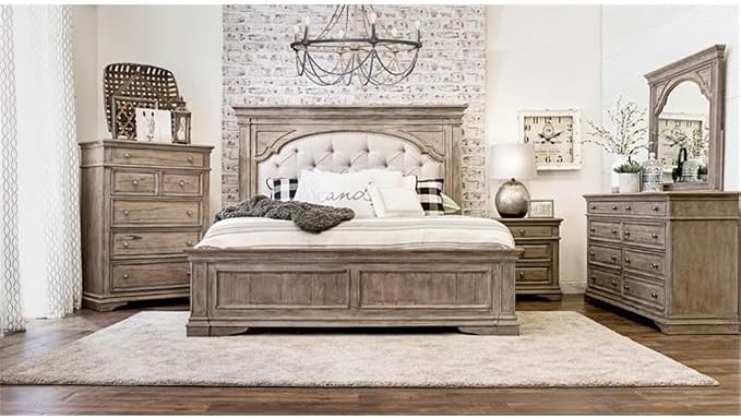 Pemberly Row King Panel Bed, Driftwood Gray Wood Frame, Upholstered Button - Image 2