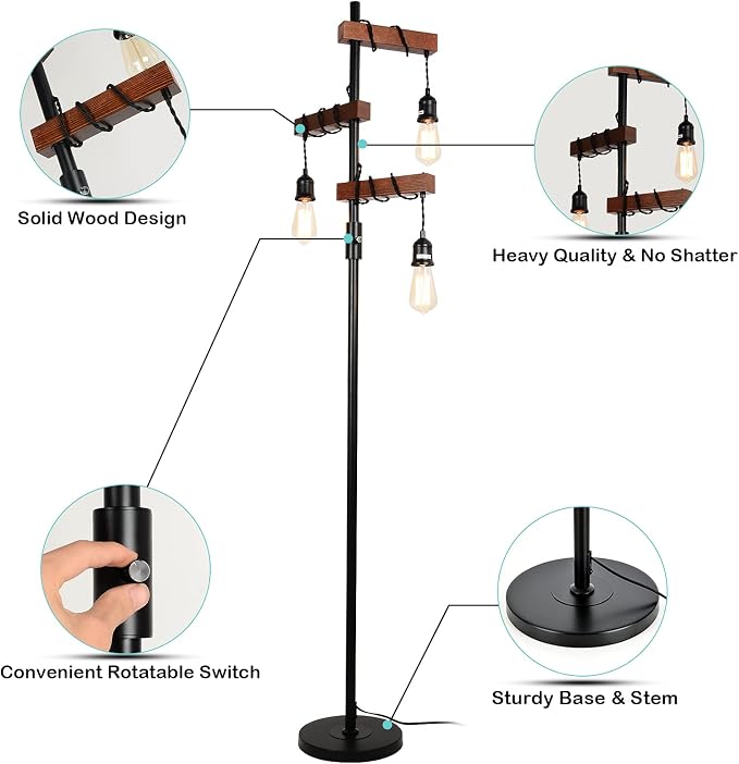 Industrial Floor Lamp, Farmhouse Tree 68 Inch 3 Lights Wood Standing Lamp - Image 4