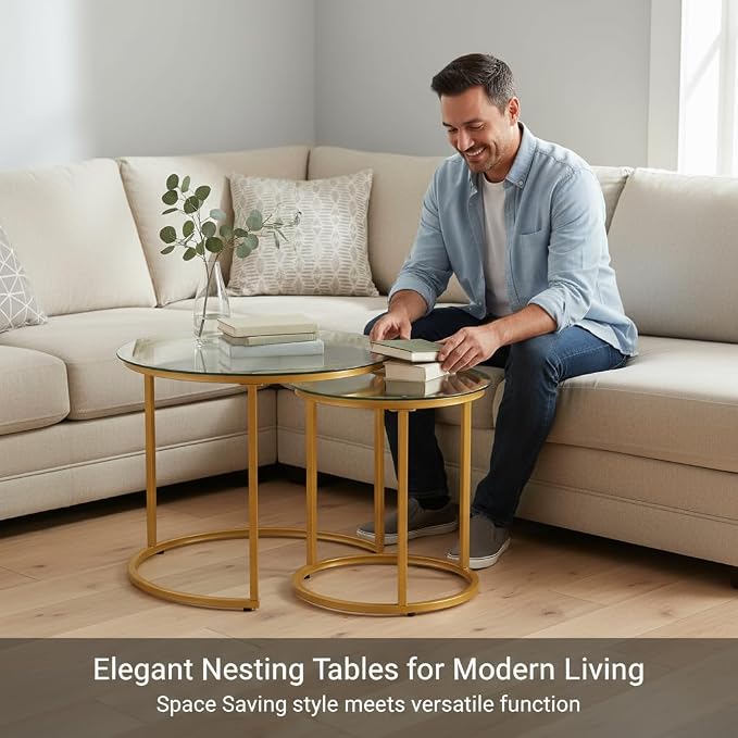 Round Nesting Coffee Table Set of 2, Modern Glass Nesting Tables, Stacking - Image 3