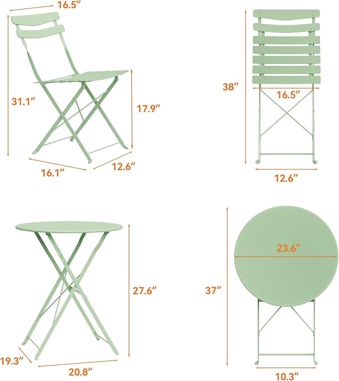 GarveeLife 3 Piece Patio Bistro Set, Folding Patio Bistro Table and Chairs Set - Image 8