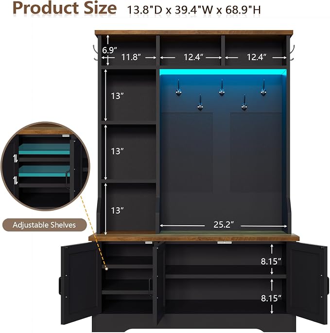 CSZZD Hall Tree with Bench and Shoe Storage, Entryway Bench with Coat Racks and - Image 4