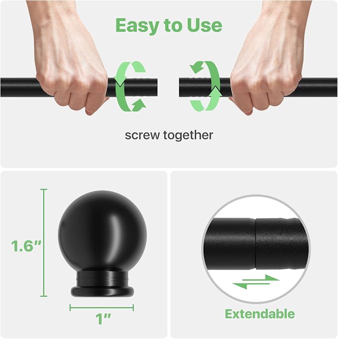 Black Curtain Rods for Windows 28 to 60 inch, Adjustable Curtain Rod Set - Image 5