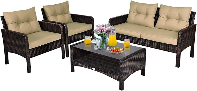 Tangkula 4 Piece Patio Furniture Set, Outdoor Wicker Conversation Set by TANGKULA