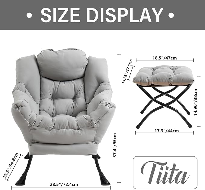 Tiita Lazy Chair with Ottoman, Light Grey Modern Large Accent Chair, Comfy - Image 4