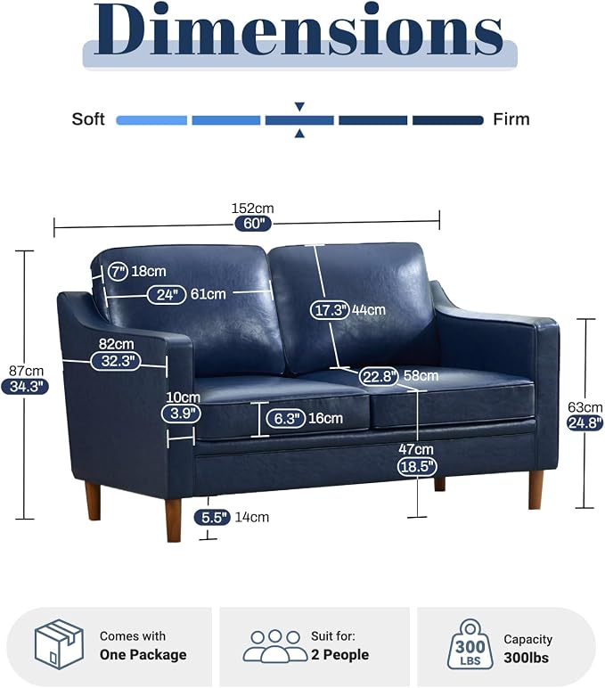 Kingfun 56" Faux Leather Sofa, Loveseat Couch, Mid Century Modern Love Seat - Image 2