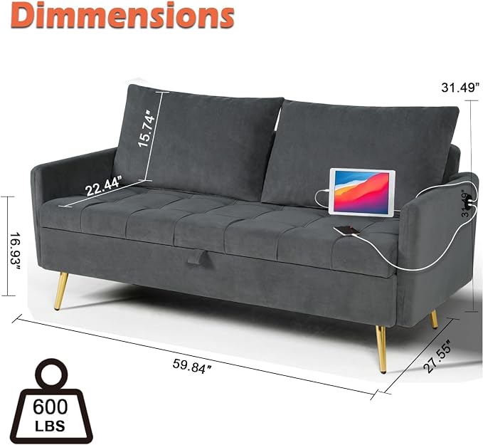 LINLUX Grey Fabric 60" W Couch - Image 2