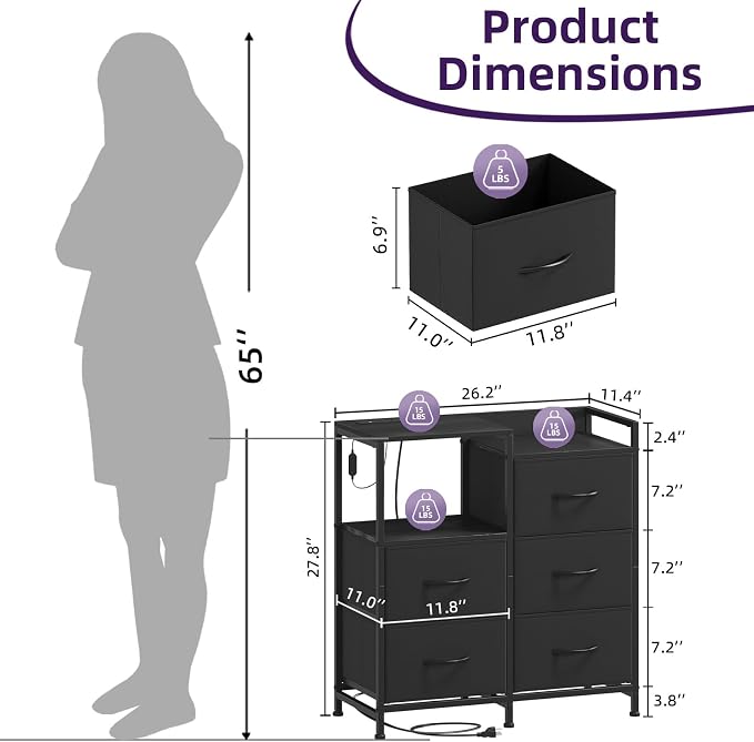 Somdot Black Nightstand with Charging Station and LED Light, Wide 5 Drawers - Image 3