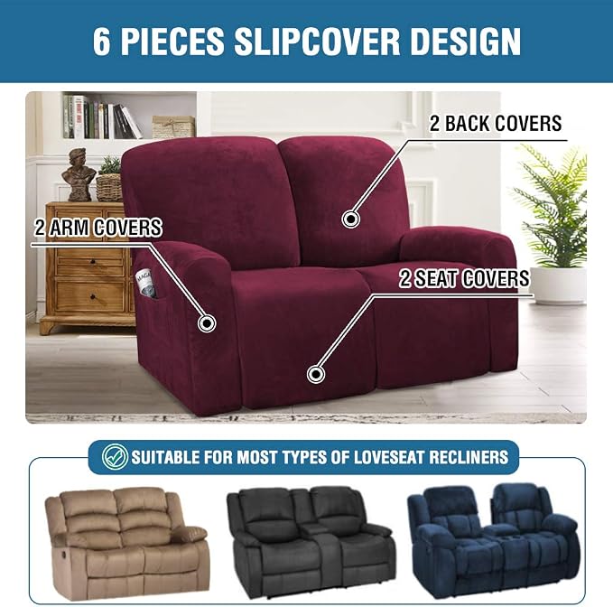 H.VERSAILTEX Velvet Stretch Recliner Couch Covers 6-Pieces Recliner Loveseat - Image 2