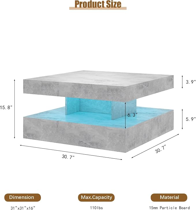 HedoAjim Grey LED Coffee Table for Living Room, Living Room Table 2-Tier Square - Image 2