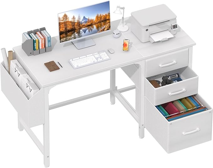 Lufeiya White Desk with File Drawers Cabinet, 47 Inch Reversible Computer Desk by LUFEIYA