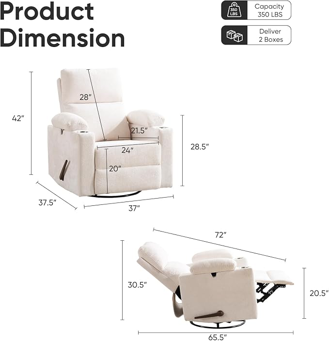 Swivel Rocker Recliner with Adjustable Armrests, Rocking Nursery Chair with - Image 2