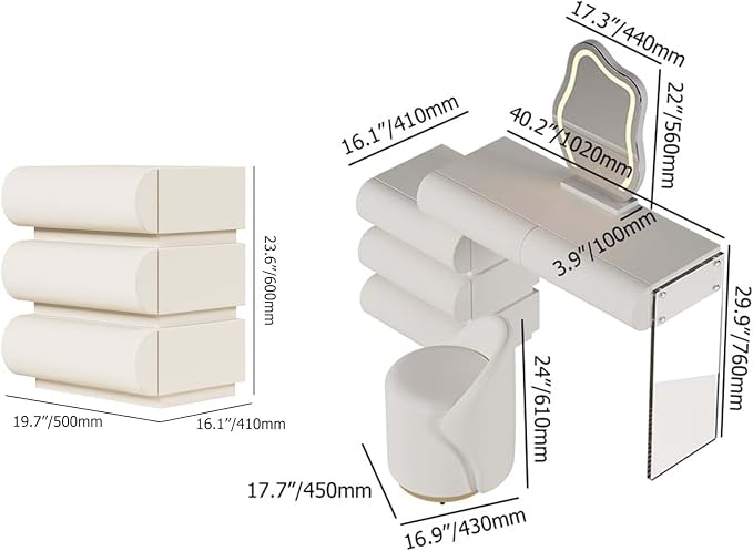 homary White 2-Piece Makeup Vanity & Smart Nightstand Set, Modern Vanity Table - Image 2