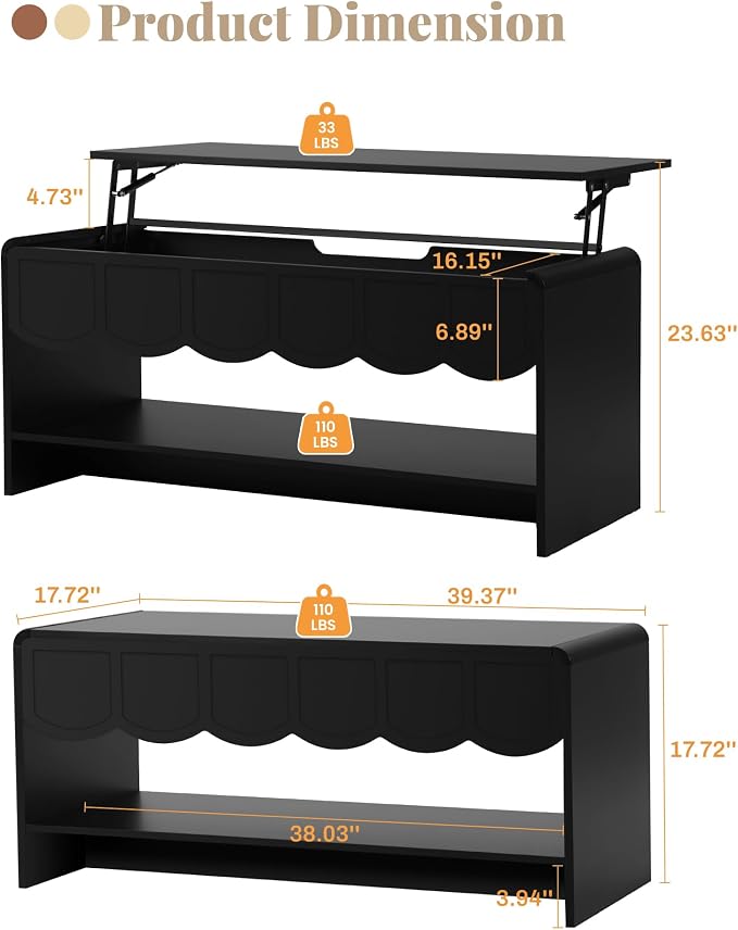 Lift Top Coffee Table with Hidden Compartment, 2 Tier Wooden Center Table with - Image 2