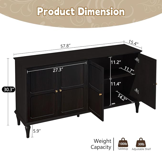 ARTPOWER 58'' Mid-Century Modern Buffet Storage Cabinet - Image 8