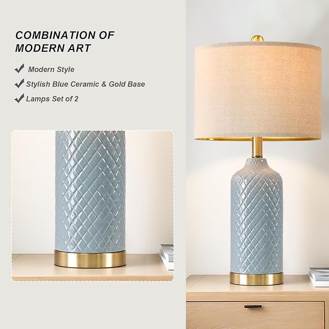 24.25" Modern Ceramic Blue Table Lamps Set of 2 - Image 3