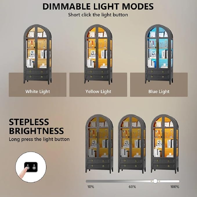 Arched Curio Cabinet with Glass Doors, 4-Tier Display Cabinet with 2 Drawers - Image 6