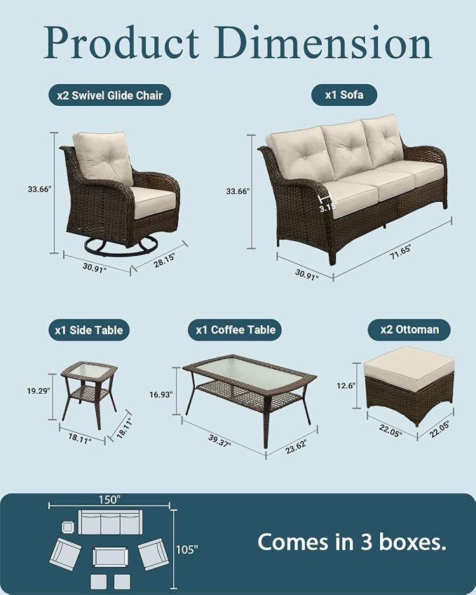 Patio Furniture Set, High Back Rattan Sofa & Swivel Rocker Chairs, Weather - Image 6