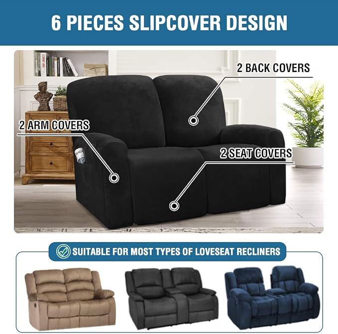 H.VERSAILTEX Velvet Stretch Recliner Couch Covers 6-Pieces Recliner Loveseat - Image 2