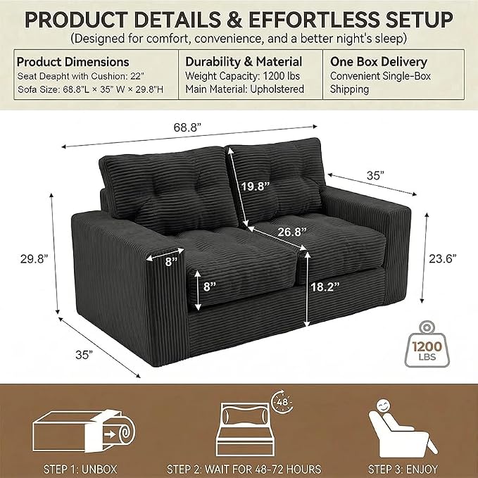69" Corduroy Loveseat Sofa in a Box, High-Density Foam Couch, No Assembly - Image 2