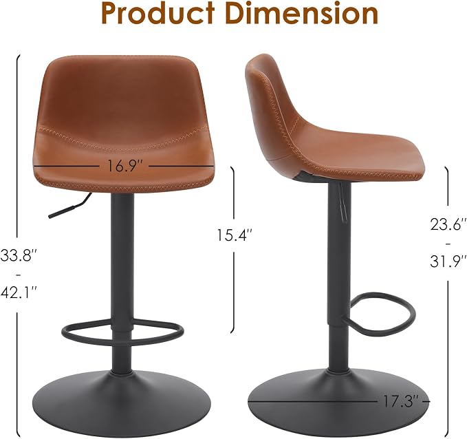 Adjustable Bar Stools Set of 2, Mid Century Modern Swivel Bar Stools, - Image 2