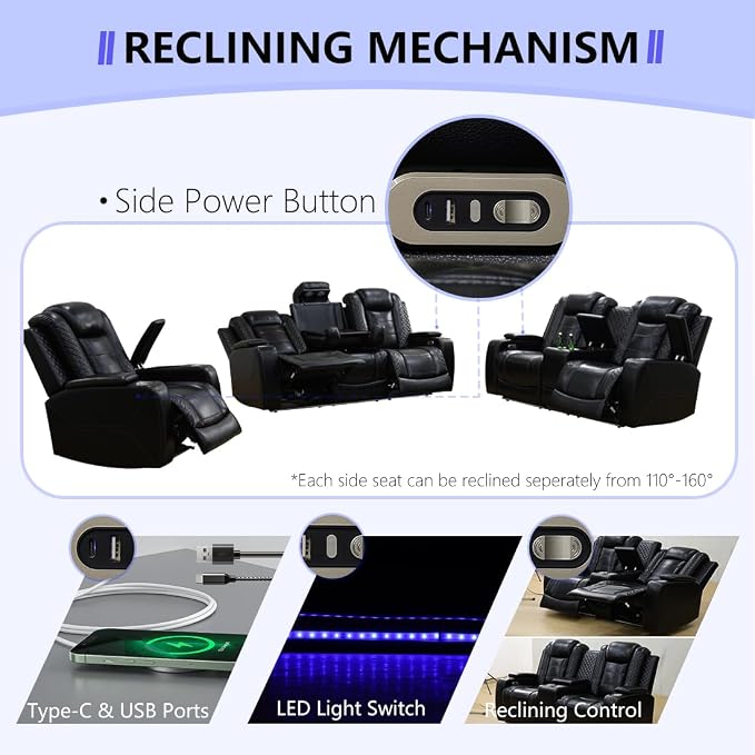 Leather Power Recliner Sofa Set, Living Room Furniture Sets, 2 Piece Reclining - Image 4
