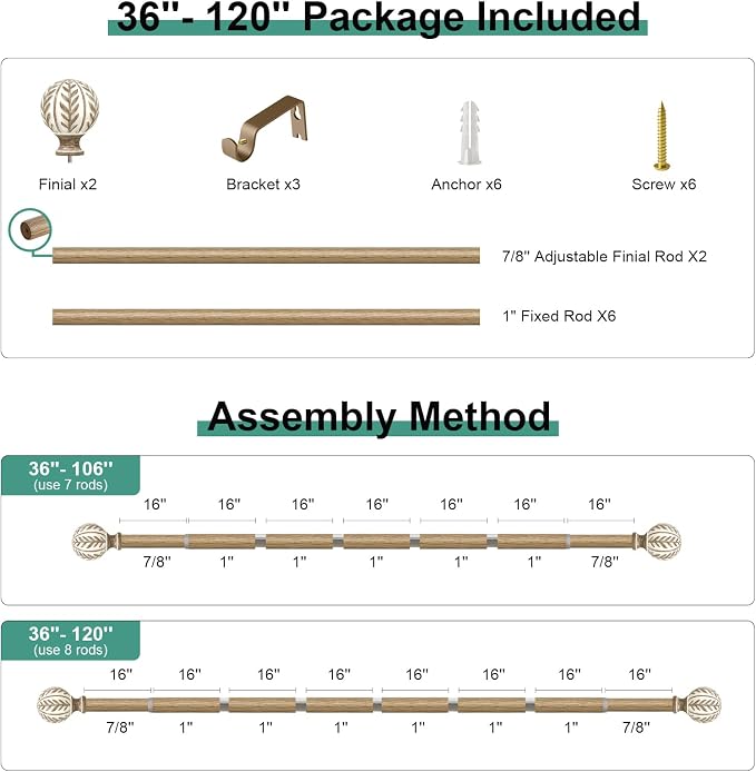 QDWIS Boho Wood Curtain Rods for Windows 66 to 120 inch, Rustic Decorative - Image 8