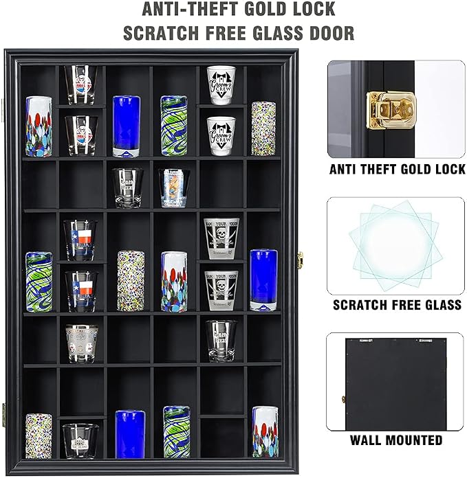 Shot Glass Display Case Wooden Cabinet Rack Holder Wall Mounted Black Shadow - Image 3