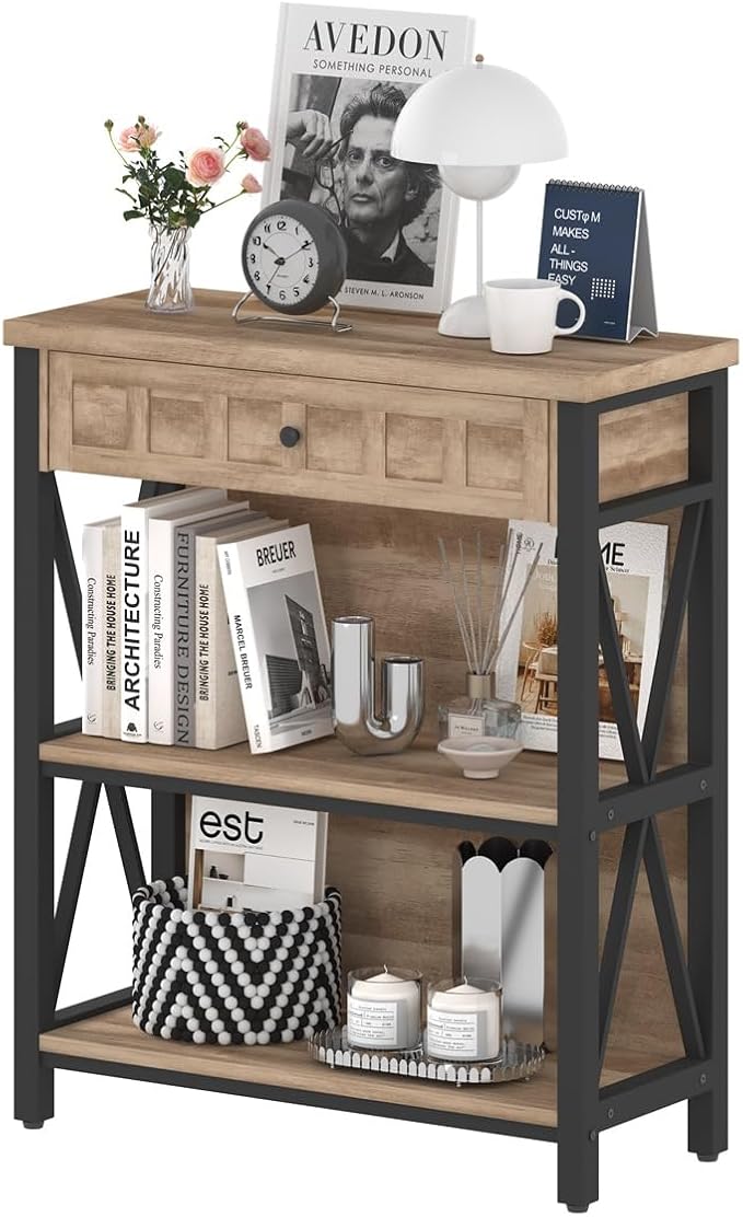 FATORRI Rustic Bookshelf with Drawer, Industrial Wood and Metal Bookcase - Image 8
