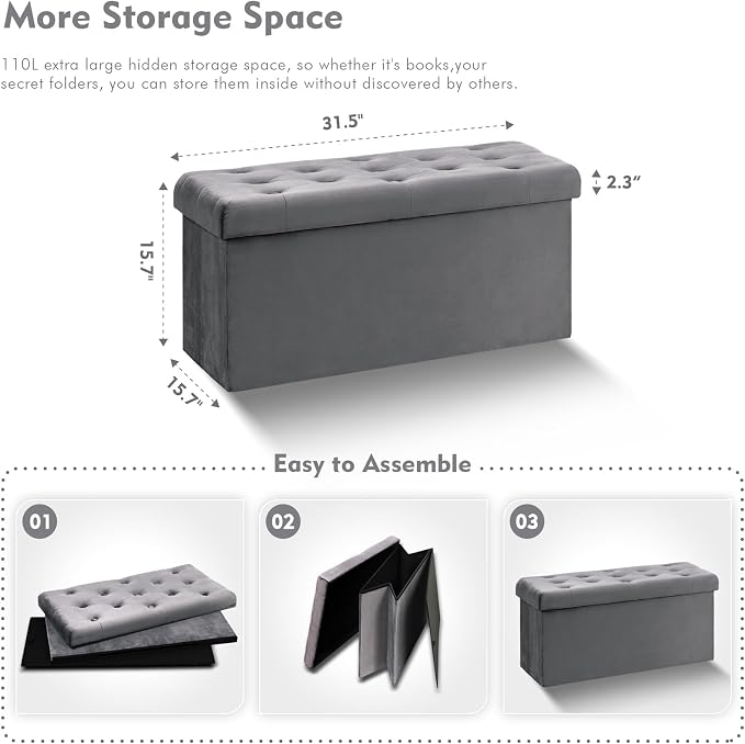 B FSOBEIIALEO Folding Storage Ottoman, Long Ottomans Shoes Bench, Velvet - Image 3