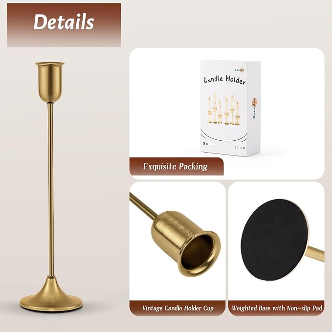 Brass Gold Candlestick Holders, Metal Taper Candle Holders Set of 6, Vintage - Image 2