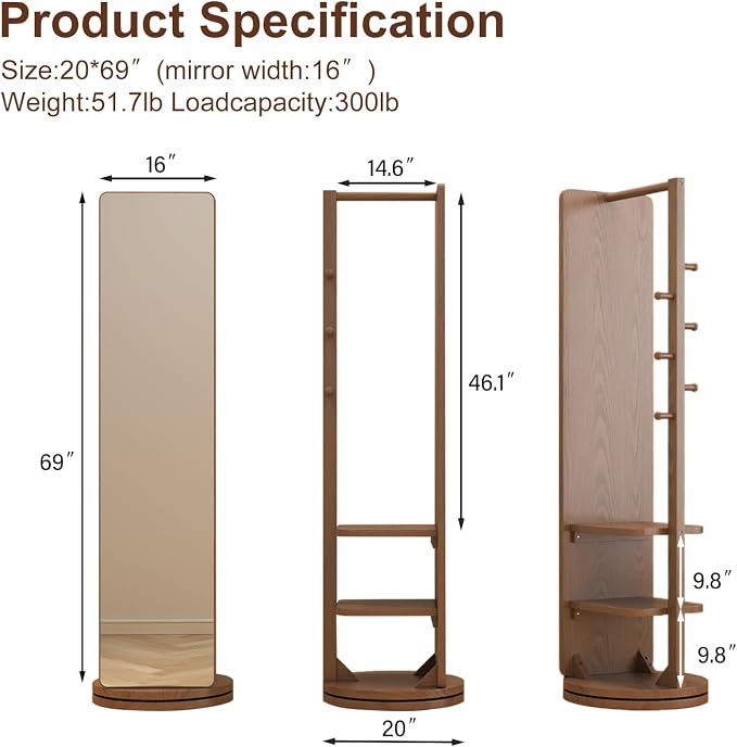 WoodsWhisper Full Length Mirror Coat Rack Solid Wood Floor Mirror 70"x16" Full - Image 2