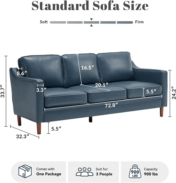 Kingfun 80" Faux Leather Sofa, 3 Seater Couch, Mid Century Modern Couches - Image 2