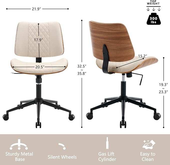 Home Office Chair No Arms with Wheels, Adjustable Height Small Desk Chair - Image 2