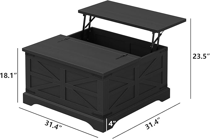 Furnideco Farmhouse Lift Top Coffee Table, Square Wood Center Table - Image 2