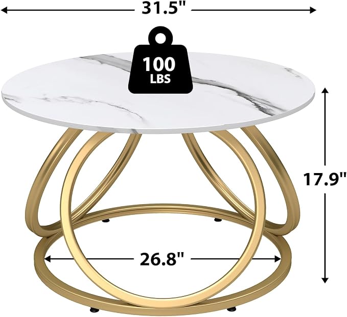O&K FURNITURE Gold Round Coffee Table, Faux Marble Top - Image 2