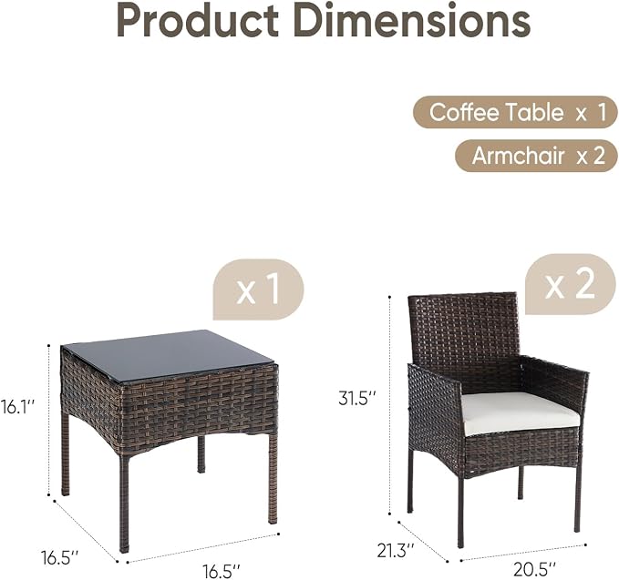 DUMOS 3-Piece Patio Furniture Set, All-Weather Outdoor Wicker Chairs - Image 7