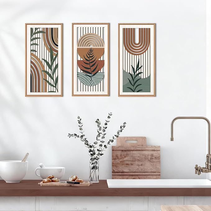 IARTTOP Boho Wood Wall Art Framed 8x16 Inch Set of 3 Mid-century Modern - Image 3
