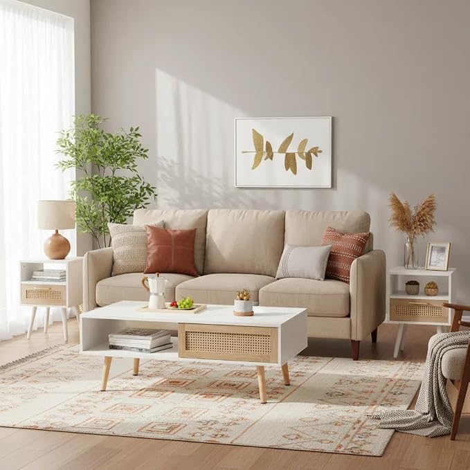Rattan Center Table and Nightstand Set, 3-Piece Wood Living Room Table Set by YOUGUO