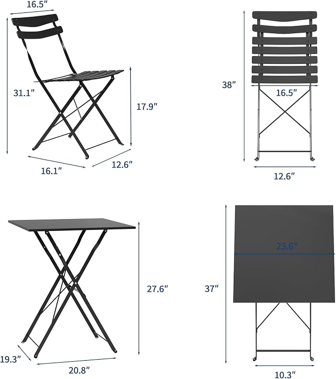 GarveeLife 3 Piece Patio Bistro Set, Folding Patio Bistro Table and Chairs Set - Image 8