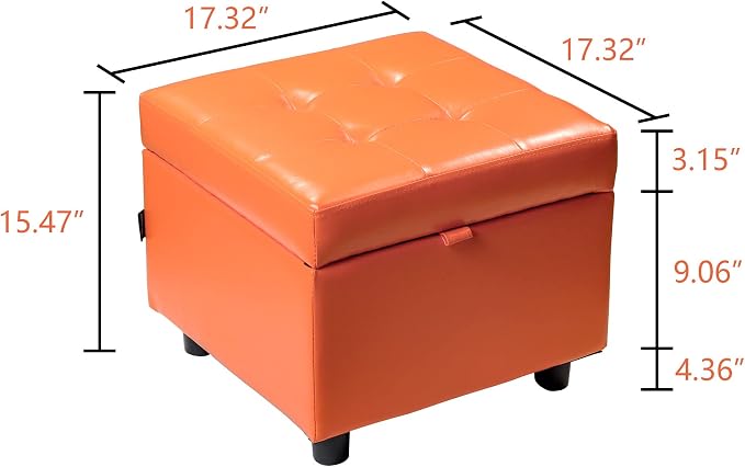 H&B Luxuries Tufted Leather Square Flip Top Storage Ottoman Cube Foot Rest - Image 3