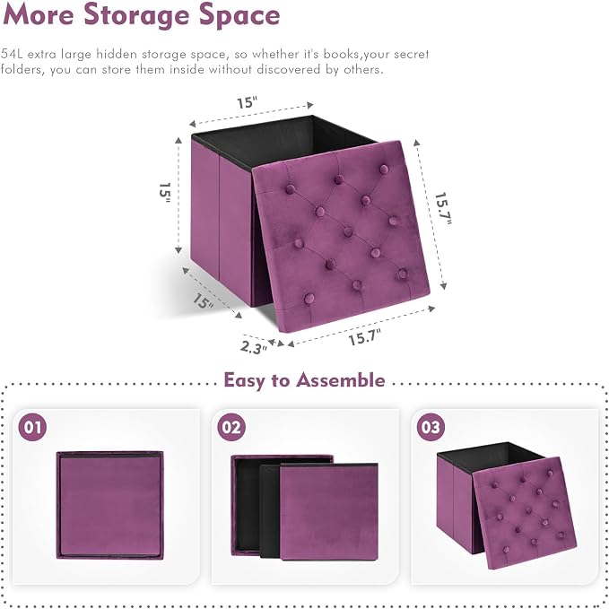 B FSOBEIIALEO Storage Ottoman Cube Velvet Tufted Folding Ottomans - Image 3